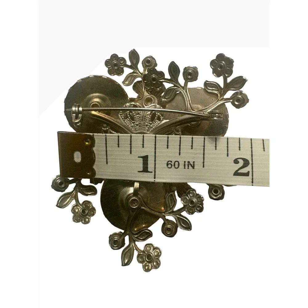 Vintage Aurora Borealis Rhinestone Faux Pearl Carved Flower Floral Brooch Pin - Picture 3 of 7